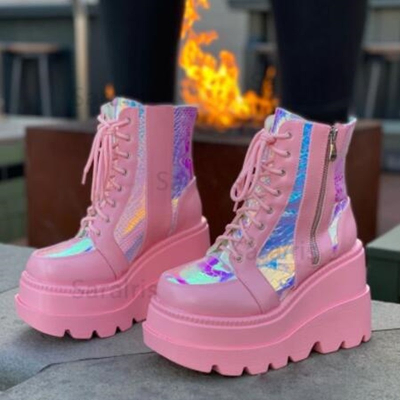 Street Fashion Punk - Bottines à plateforme holographiques roses pour
